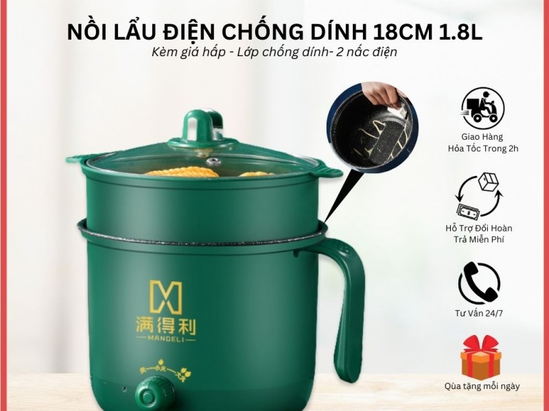 Nồi Lẩu Điện Mini Chống Dính Cầm Tay Chất Lượng Cao Tặng Khay Hấp Dung Tích 1,8L 18cm