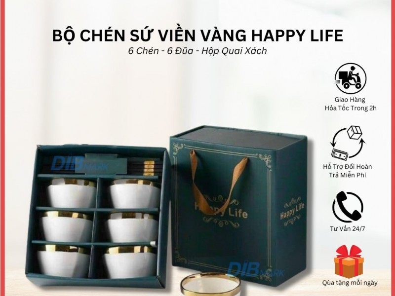 Bộ chén sứ viền vàng Happy Life