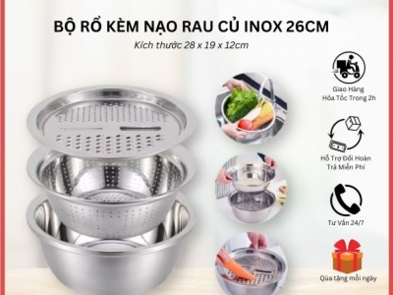 Bộ Rổ Inox Nạo Củ Quả Đa Năng 3 Trong 1 Cao Cấp Tiện Lợi