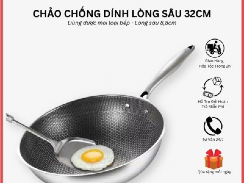 Chảo Vân Tổ Ong Chống Dính Lòng Sâu 2 Mặt Inox 304 Size 32cm