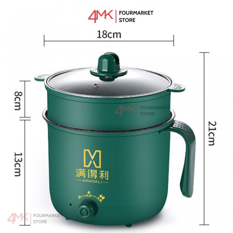 Nồi Lẩu Điện Mini Chống Dính Cầm Tay Chất Lượng Cao Tặng Khay Hấp Dung Tích 1,8L 18cm