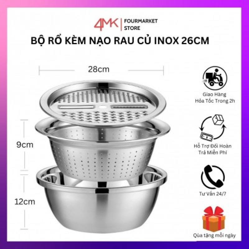 Bộ Rổ Inox Nạo Củ Quả Đa Năng 3 Trong 1 Cao Cấp Tiện Lợi