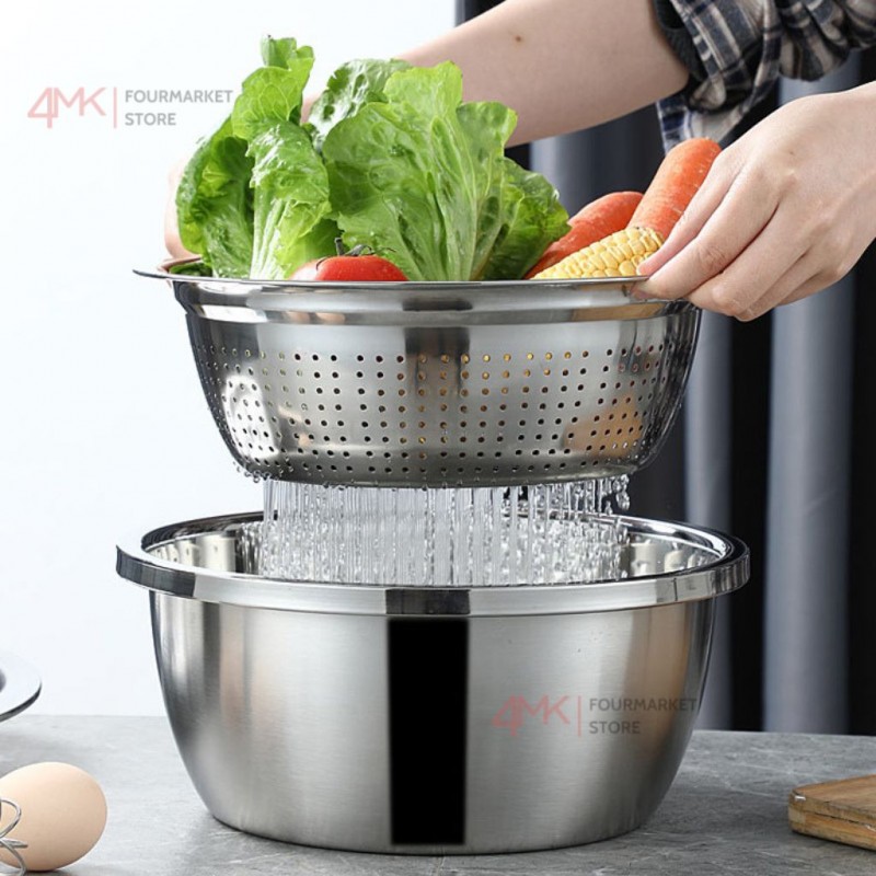 Bộ Rổ Inox Nạo Củ Quả Đa Năng 3 Trong 1 Cao Cấp Tiện Lợi